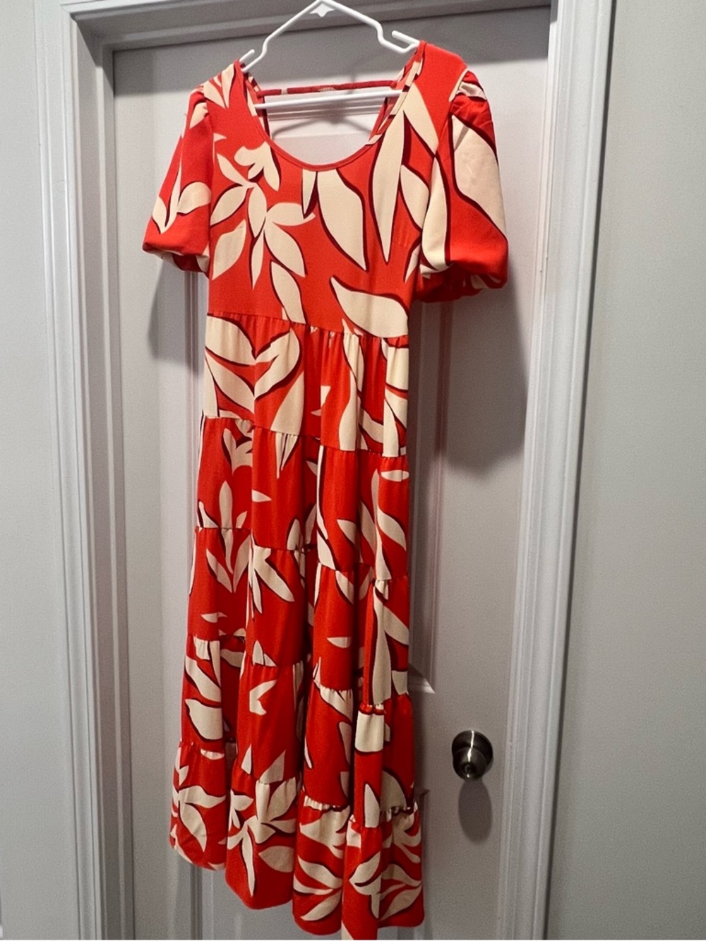 Orange Hawaiian Print Puff Sleeve Stretchy Smocked Back Maxi Dress Large 12-14